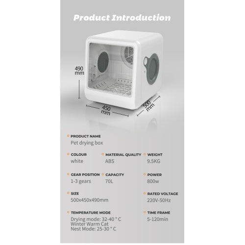 KFX-0656061 Pet Dryer Room with Hot & Cold Air, Automatic 3-Speed Mode, for Cats and Dogs, 32-40°C Temperature Range