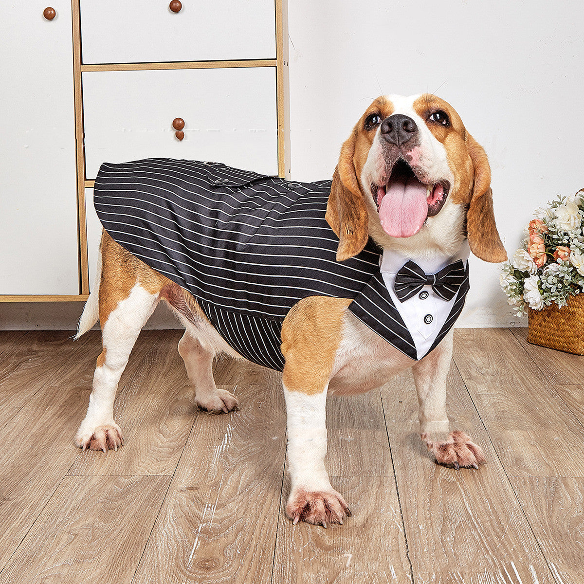KFX-0664509 Elegant Dog Wedding Suit with Triangular Scarf - Gray Striped Design, Various Sizes Available