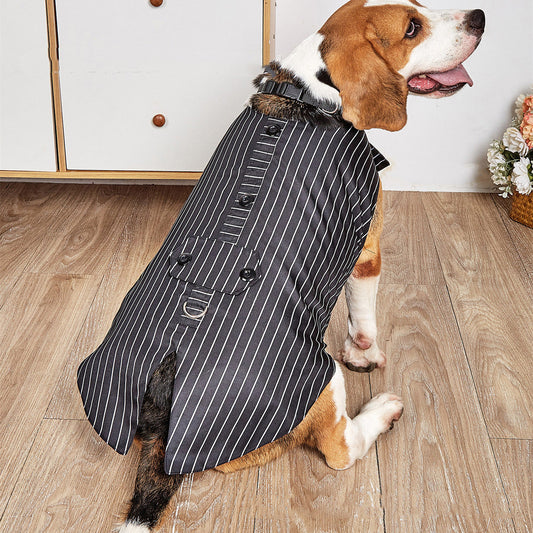 KFX-0664509 Elegant Dog Wedding Suit with Triangular Scarf - Gray Striped Design, Various Sizes Available