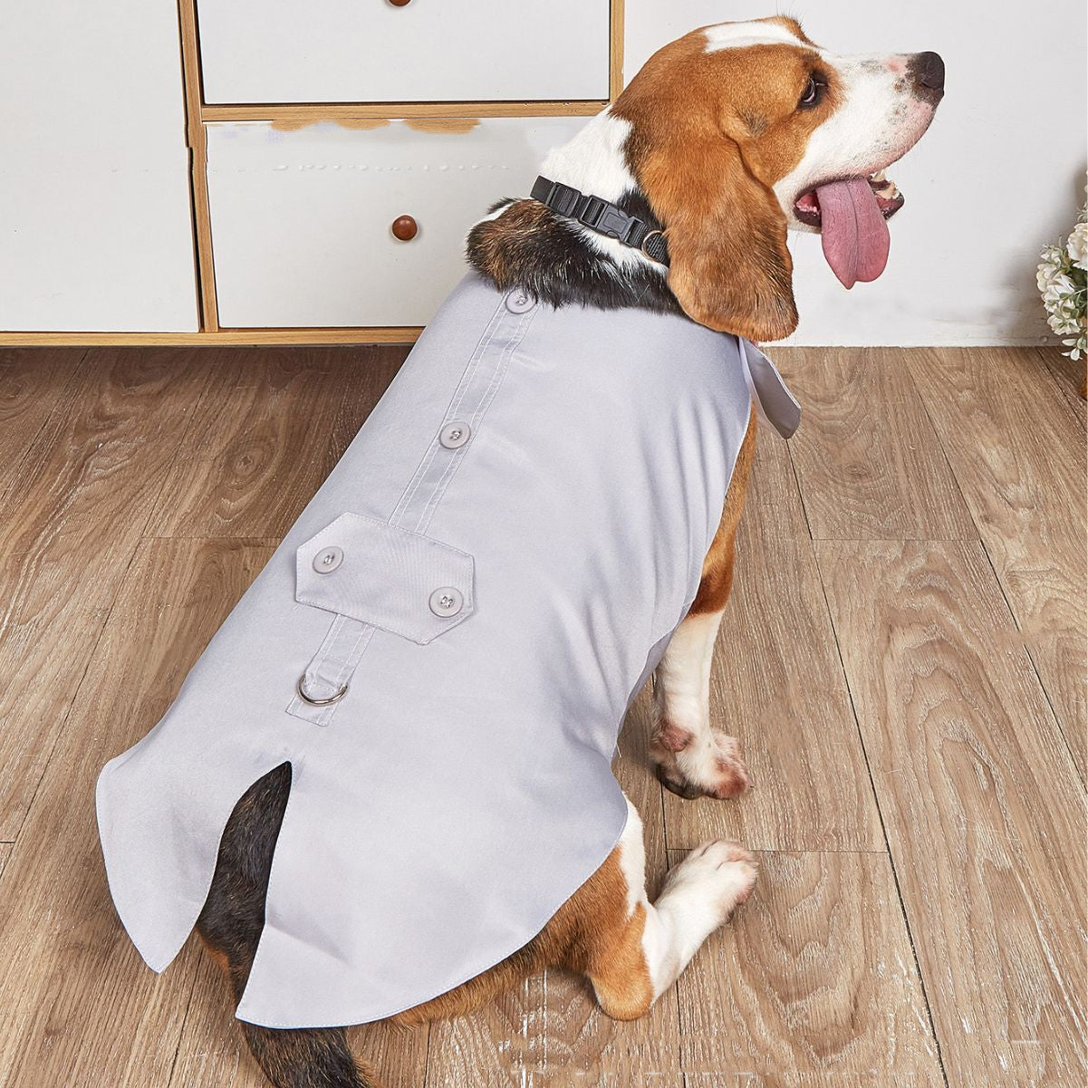 KFX-0664509 Elegant Dog Wedding Suit with Triangular Scarf - Gray Striped Design, Various Sizes Available