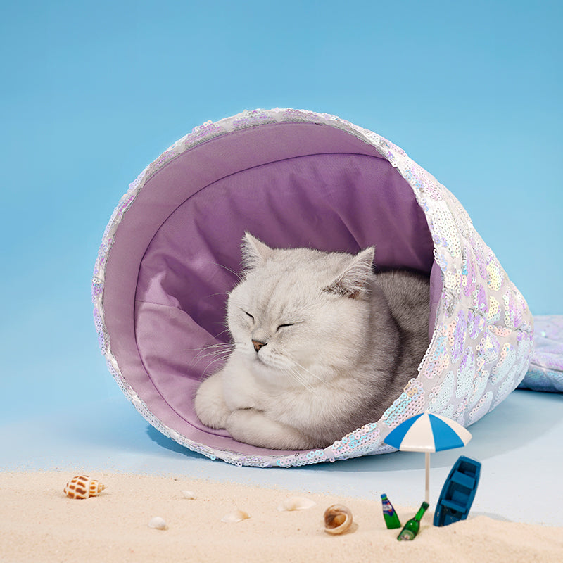 KFX-0666173 Enclosed Four-Season Sequined Mermaid Cat Bed - 100% Polyester, Medium Size 85*50*20cm