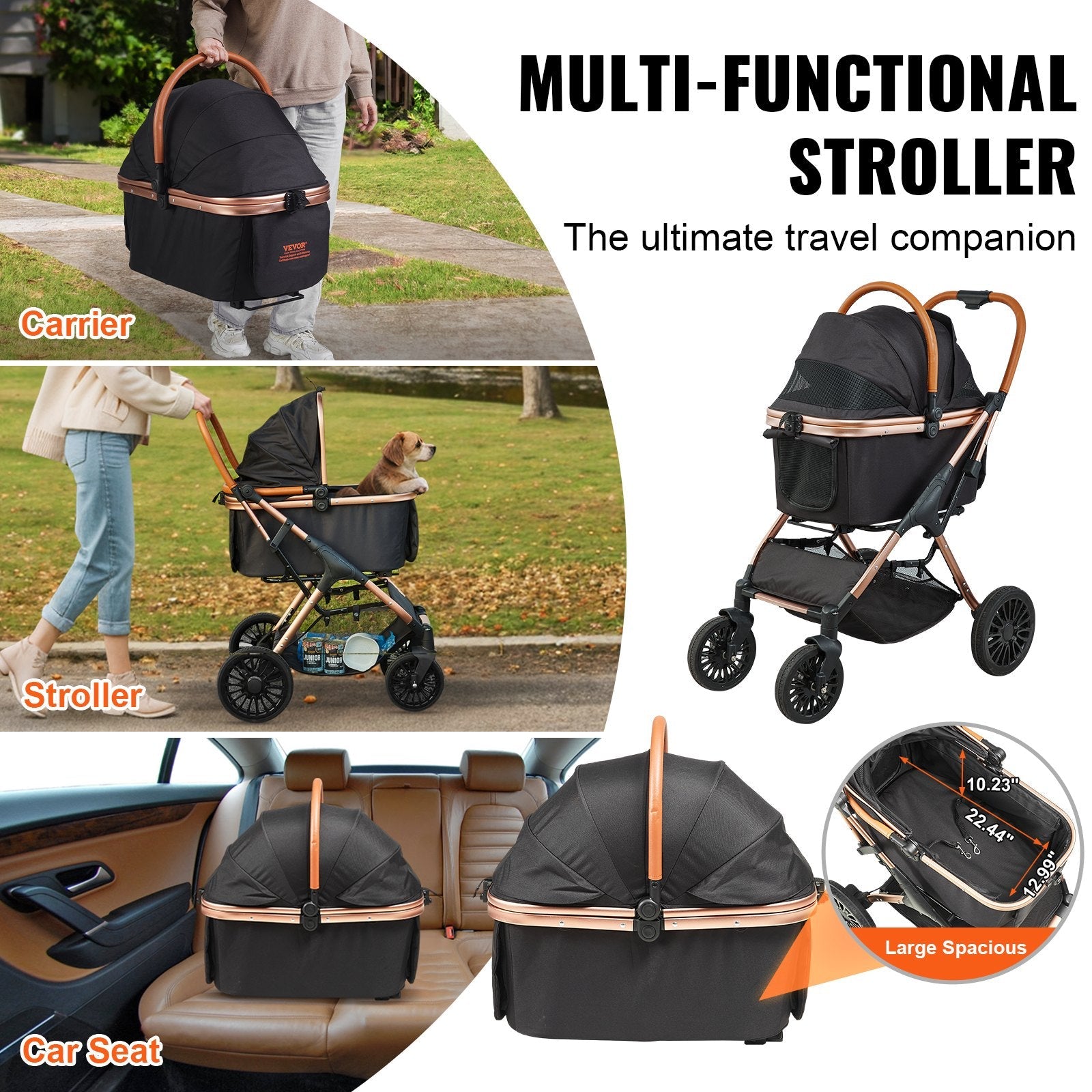 KFX-0668349 Pet Stroller for Small to Medium Dogs, Lightweight with 66 lbs Capacity, Detachable Carrier, Mesh Windows, and Adjustable Handle