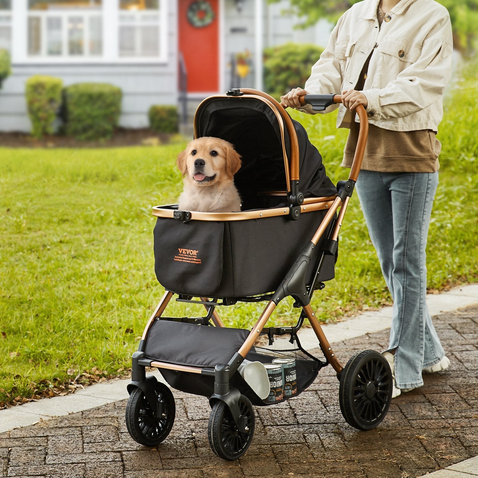 KFX-0668349 Pet Stroller for Small to Medium Dogs, Lightweight with 66 lbs Capacity, Detachable Carrier, Mesh Windows, and Adjustable Handle