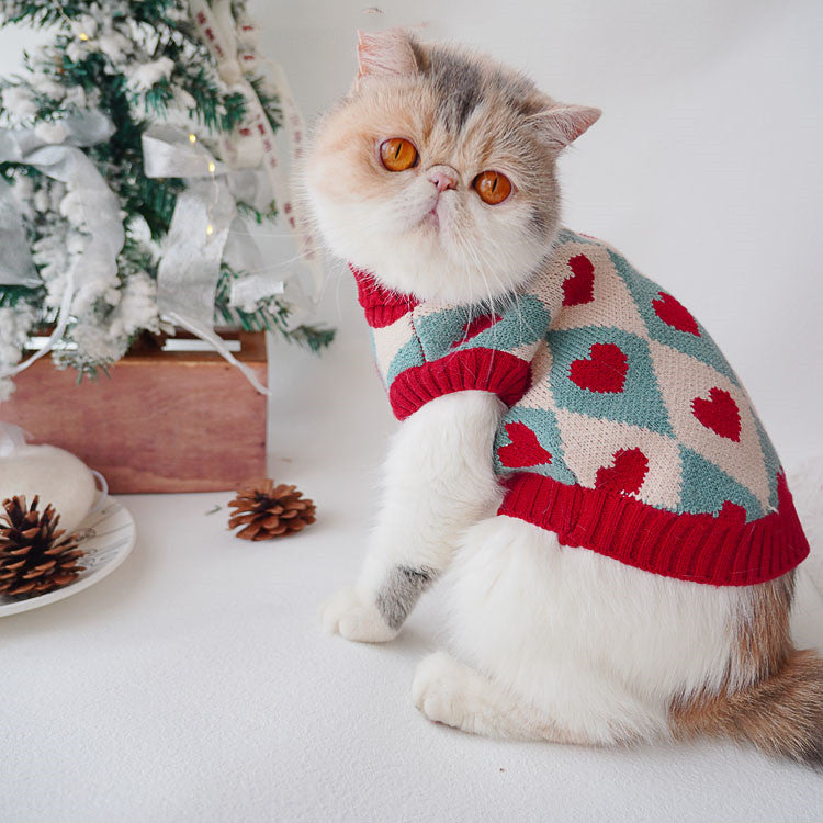 KFX-0669885 Cozy Love Rhombus Sweater for Cats – Pomegranate Red & Raspberry Purple Options