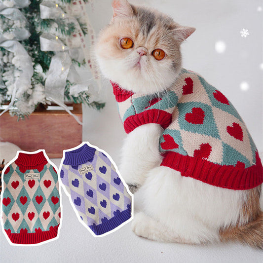 KFX-0669885 Cozy Love Rhombus Sweater for Cats – Pomegranate Red & Raspberry Purple Options
