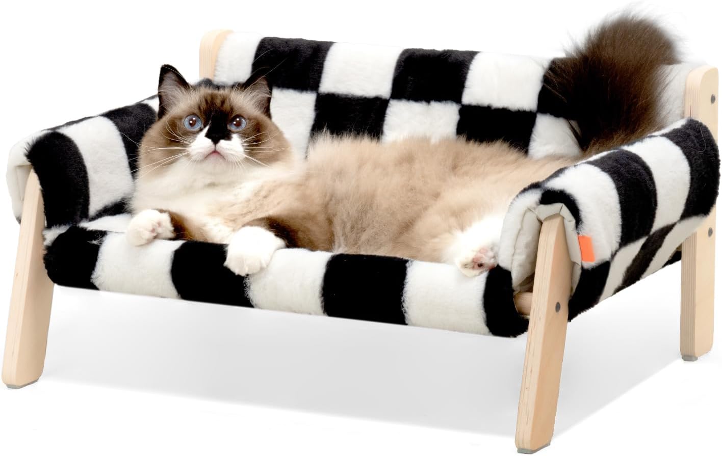 KFX-0670525 Stylish Raised Cat Bed with Wooden Legs, Removable Washable Cover, and Soft Checkerboard Design for Indoor Use