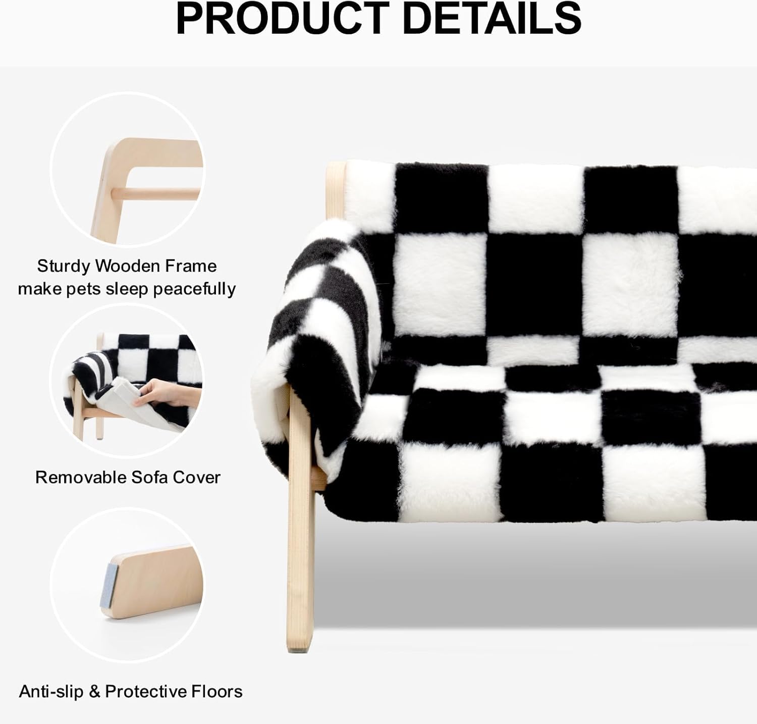 KFX-0670525 Stylish Raised Cat Bed with Wooden Legs, Removable Washable Cover, and Soft Checkerboard Design for Indoor Use