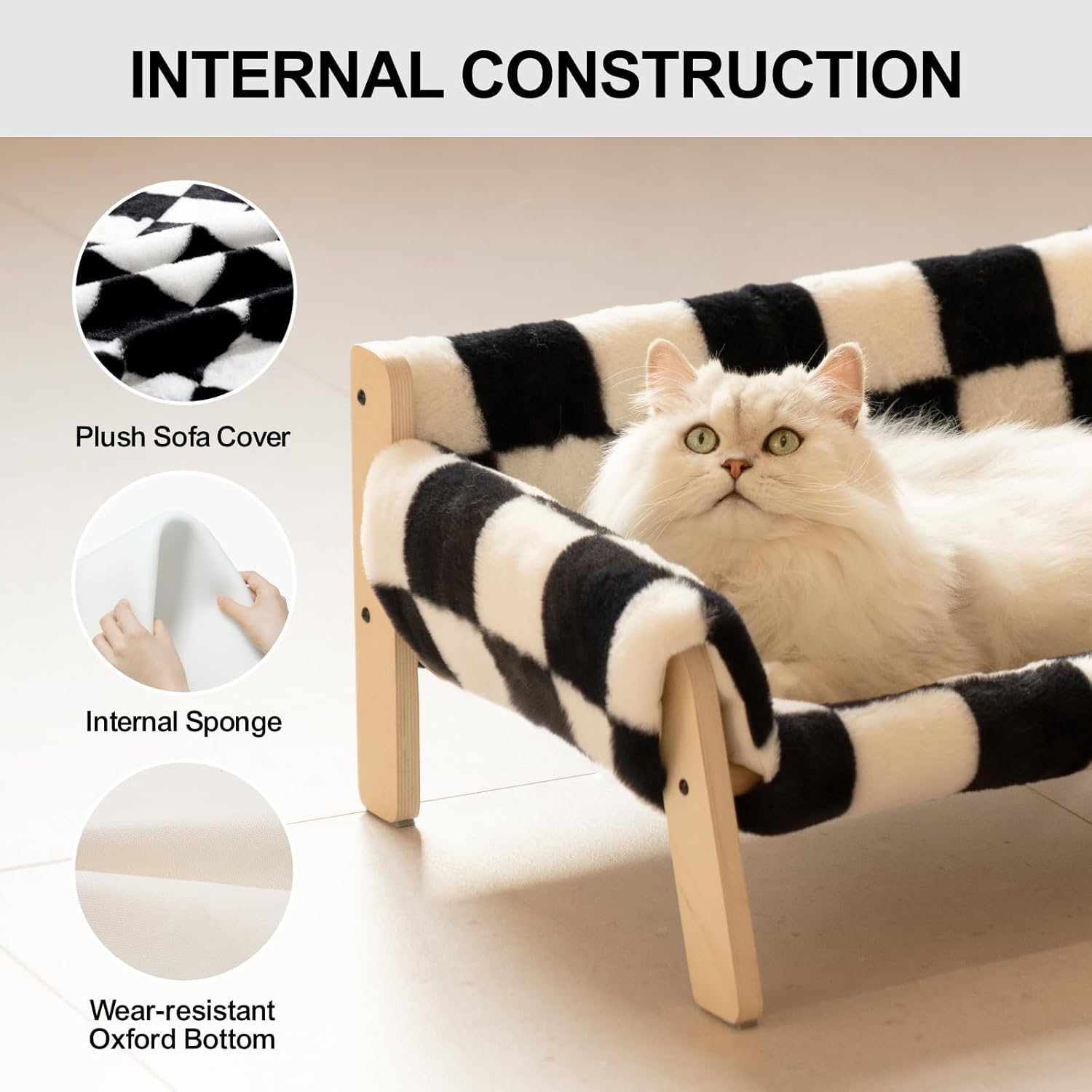 KFX-0670525 Stylish Raised Cat Bed with Wooden Legs, Removable Washable Cover, and Soft Checkerboard Design for Indoor Use