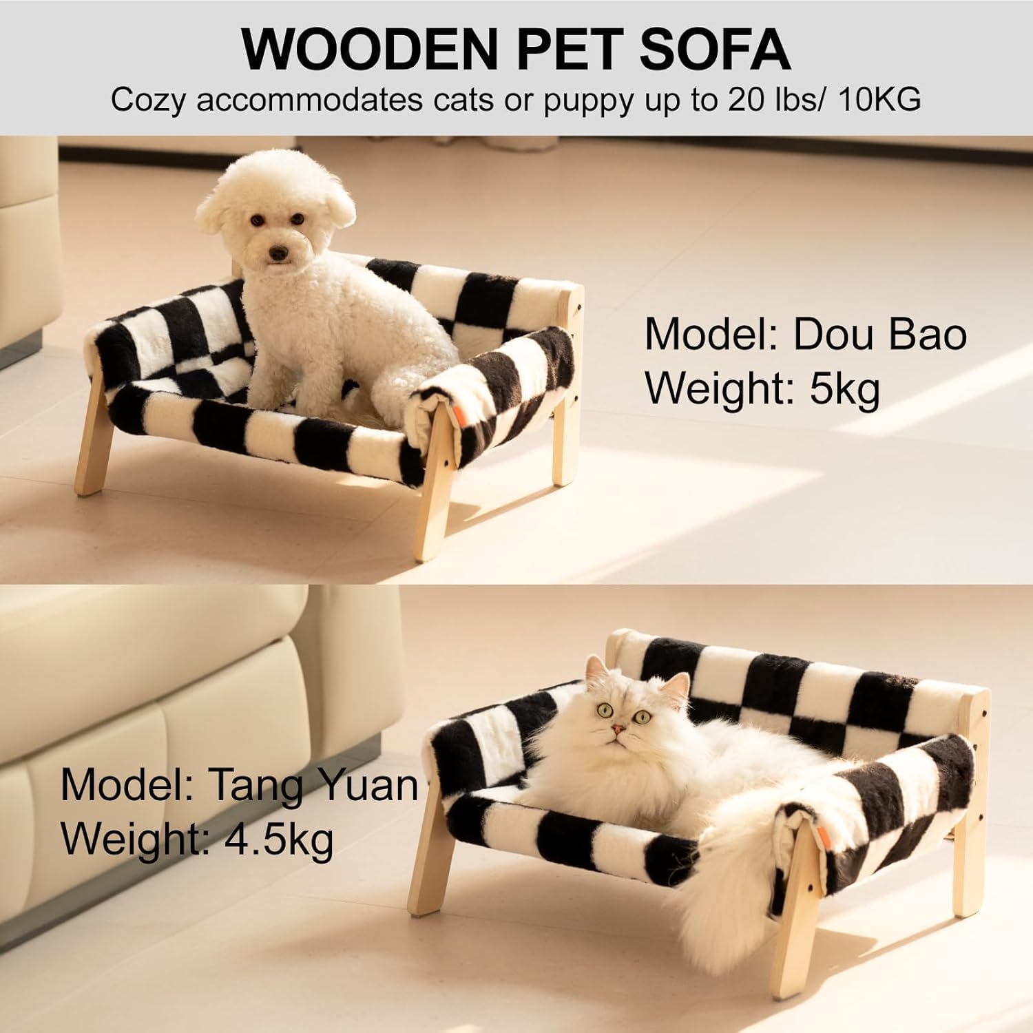 KFX-0670525 Stylish Raised Cat Bed with Wooden Legs, Removable Washable Cover, and Soft Checkerboard Design for Indoor Use