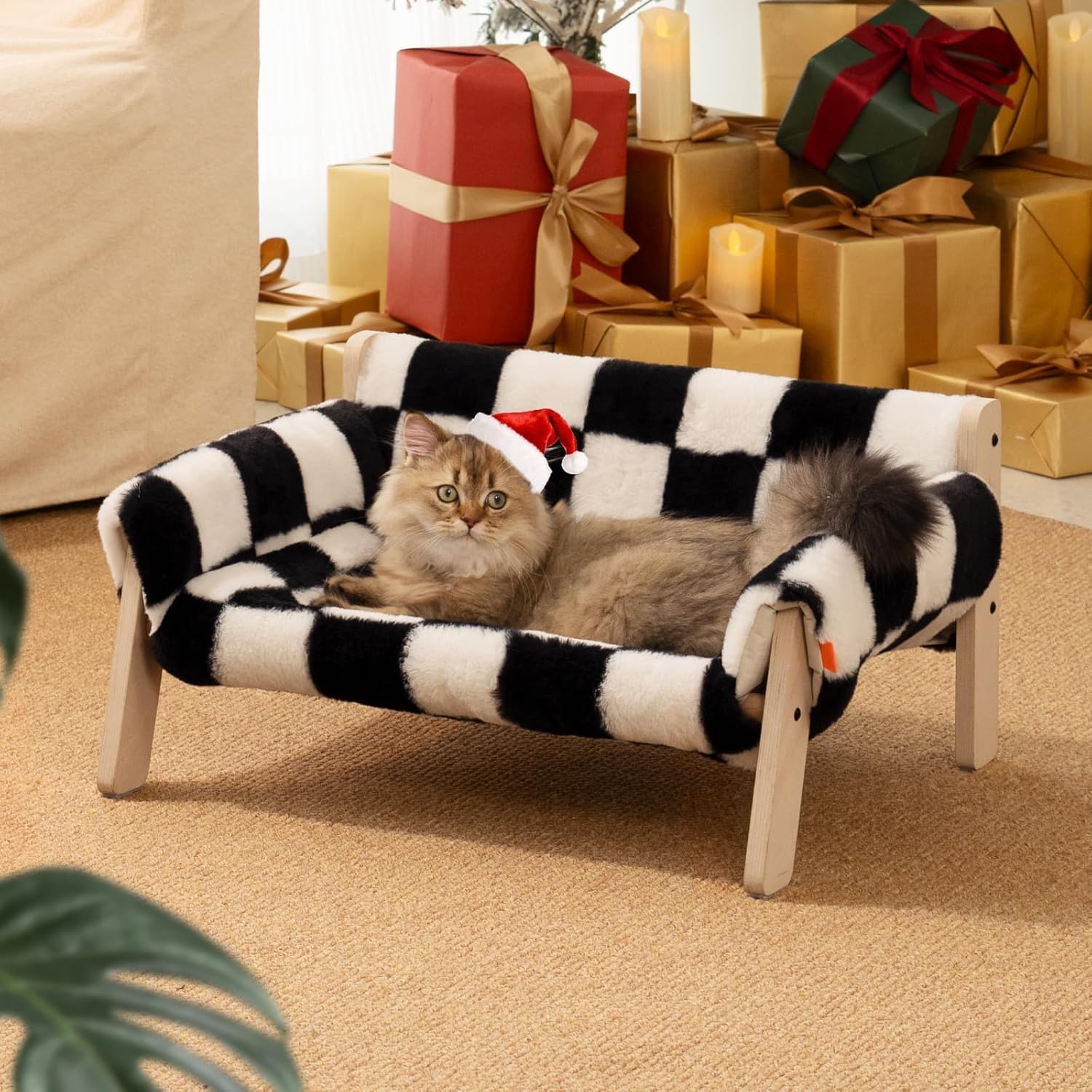 KFX-0670525 Stylish Raised Cat Bed with Wooden Legs, Removable Washable Cover, and Soft Checkerboard Design for Indoor Use