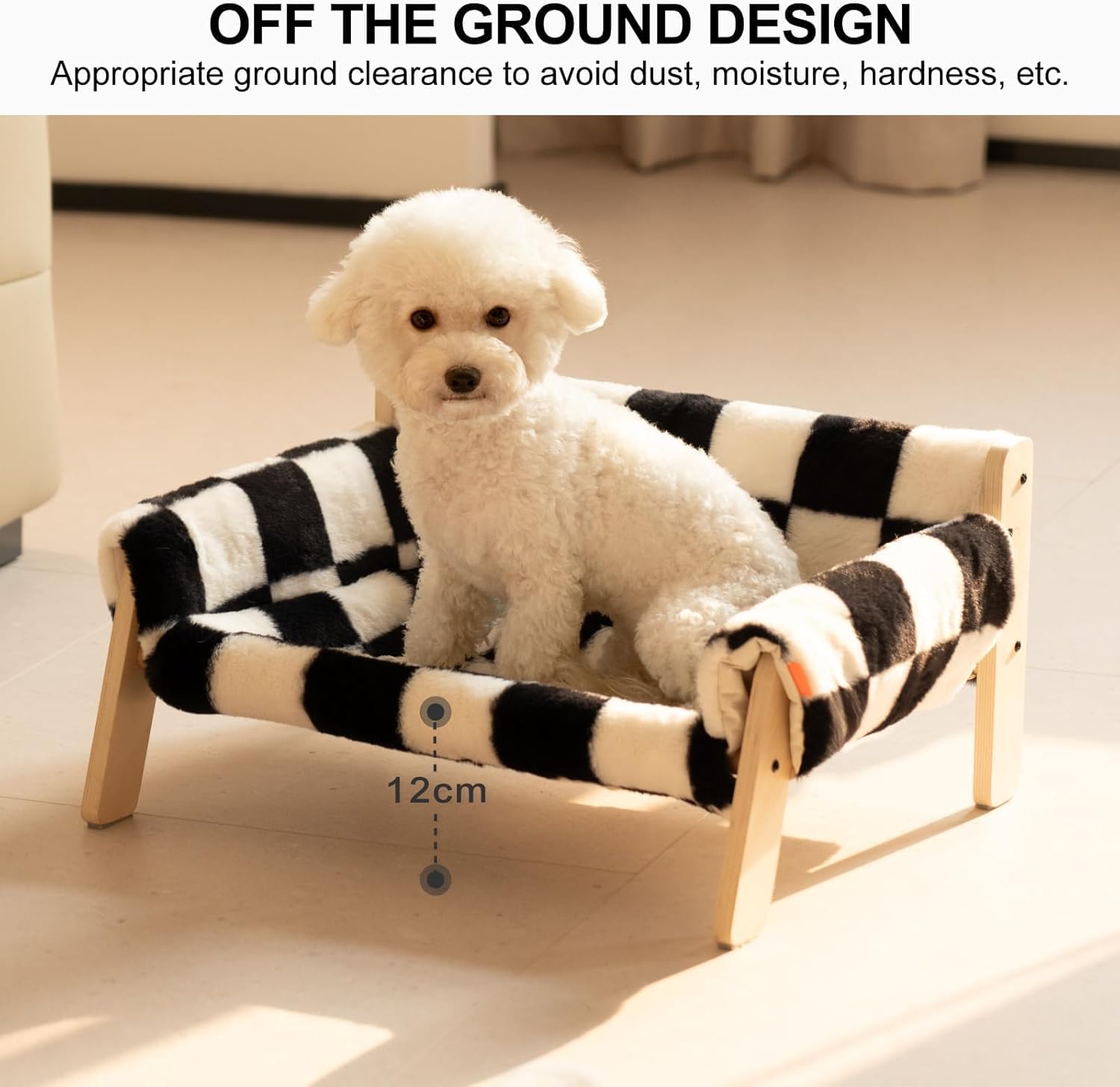KFX-0670525 Stylish Raised Cat Bed with Wooden Legs, Removable Washable Cover, and Soft Checkerboard Design for Indoor Use