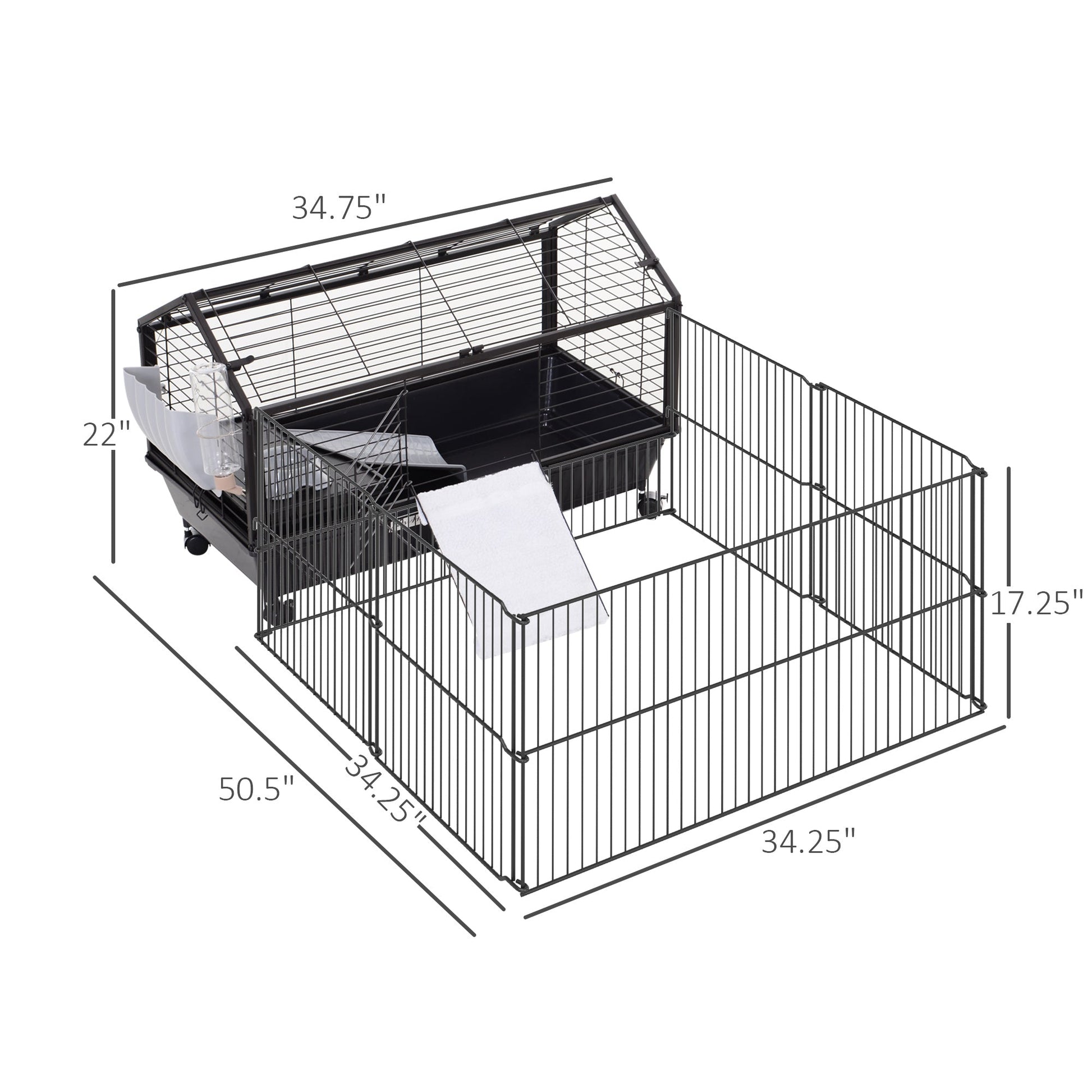 KFX-0675517 Metal Hutch Cage for Small Animals with Main House, Run, and Fleece Ramp