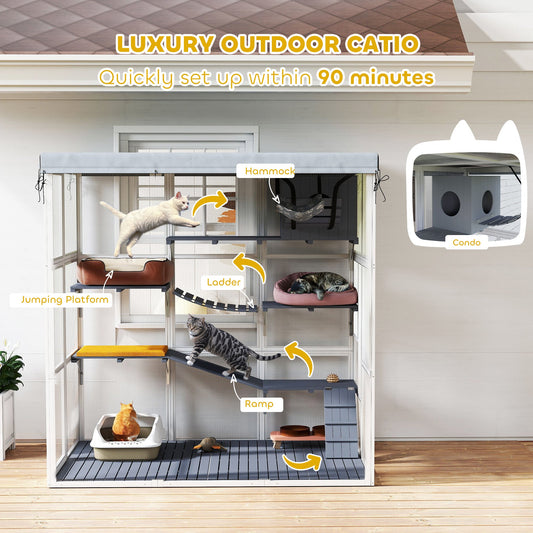 KFX-0679229 Spacious Gray Outdoor Catio Enclosure for 2-4 Large Cats with Hammock, Condo, Ladders and Ramps
