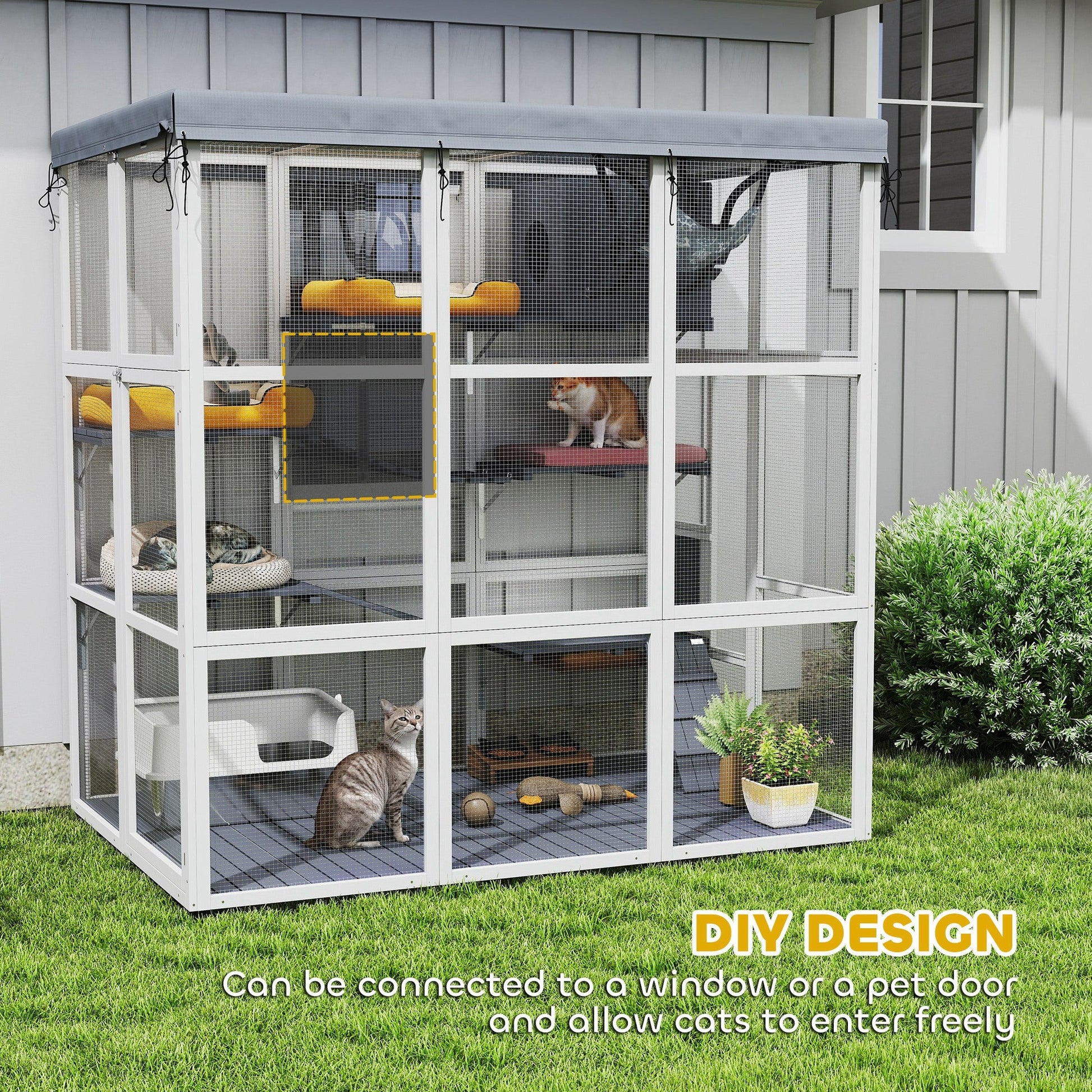 KFX-0679229 Spacious Gray Outdoor Catio Enclosure for 2-4 Large Cats with Hammock, Condo, Ladders and Ramps