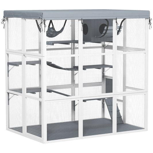 KFX-0679229 Spacious Gray Outdoor Catio Enclosure for 2-4 Large Cats with Hammock, Condo, Ladders and Ramps