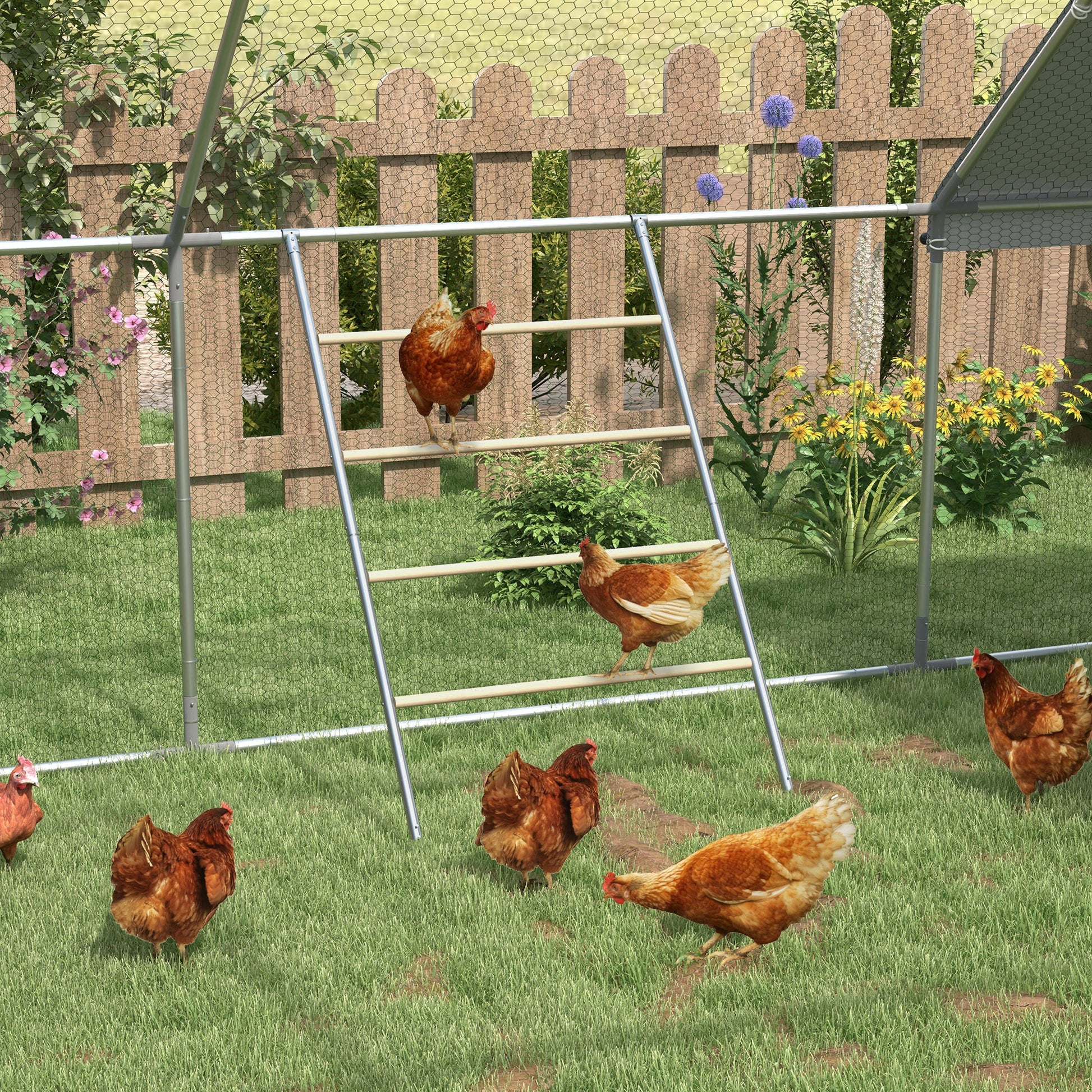 KFX-0687037 Multi-Tiered Chicken Roosting Ladder - Galvanized Steel & Wood, 55" x 33.75"