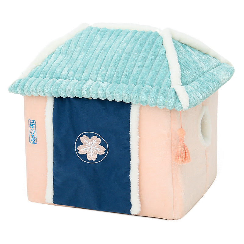 KFX-0687421 Removable and Washable Cat House with Thick Reversible Cushion - Indoor Cat Villa in Tibetan Blue or Green