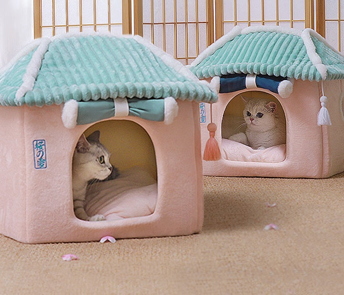 KFX-0687421 Removable and Washable Cat House with Thick Reversible Cushion - Indoor Cat Villa in Tibetan Blue or Green