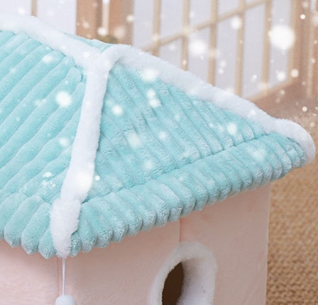 KFX-0687421 Removable and Washable Cat House with Thick Reversible Cushion - Indoor Cat Villa in Tibetan Blue or Green