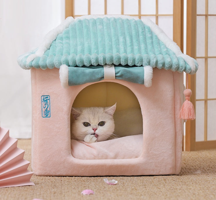 KFX-0687421 Removable and Washable Cat House with Thick Reversible Cushion - Indoor Cat Villa in Tibetan Blue or Green