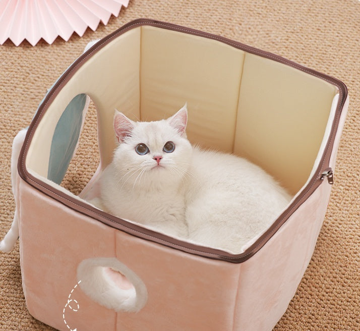 KFX-0687421 Removable and Washable Cat House with Thick Reversible Cushion - Indoor Cat Villa in Tibetan Blue or Green