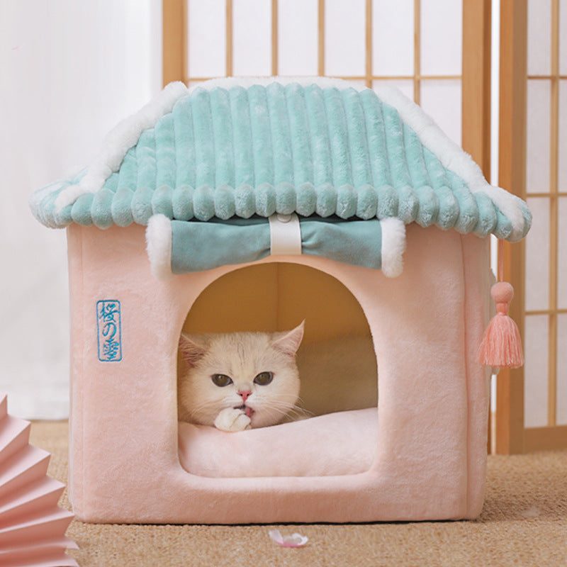 KFX-0687421 Removable and Washable Cat House with Thick Reversible Cushion - Indoor Cat Villa in Tibetan Blue or Green