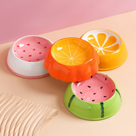 KFX-0689341 Ceramic Cat Bowl with Non-Slip Design for Water and Food – Watermelon, Orange, Strawberry Patterns