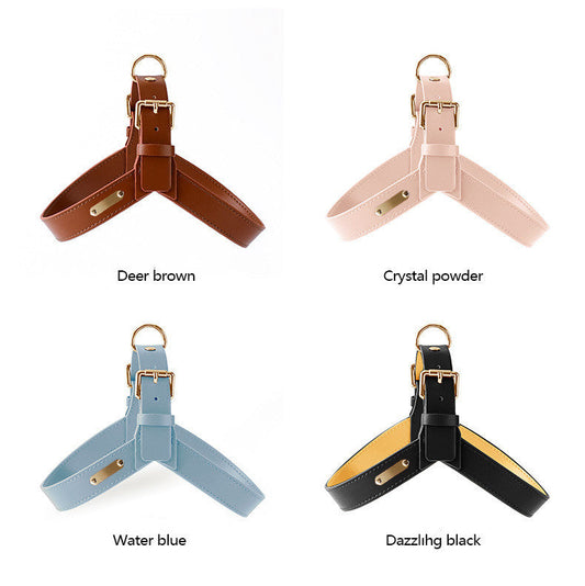 KFX-0692413 Pet Cat and Dog Leather Chest Strap Harness in Bright Black, Aqua Blue, Crystal Pink, Deer Brown