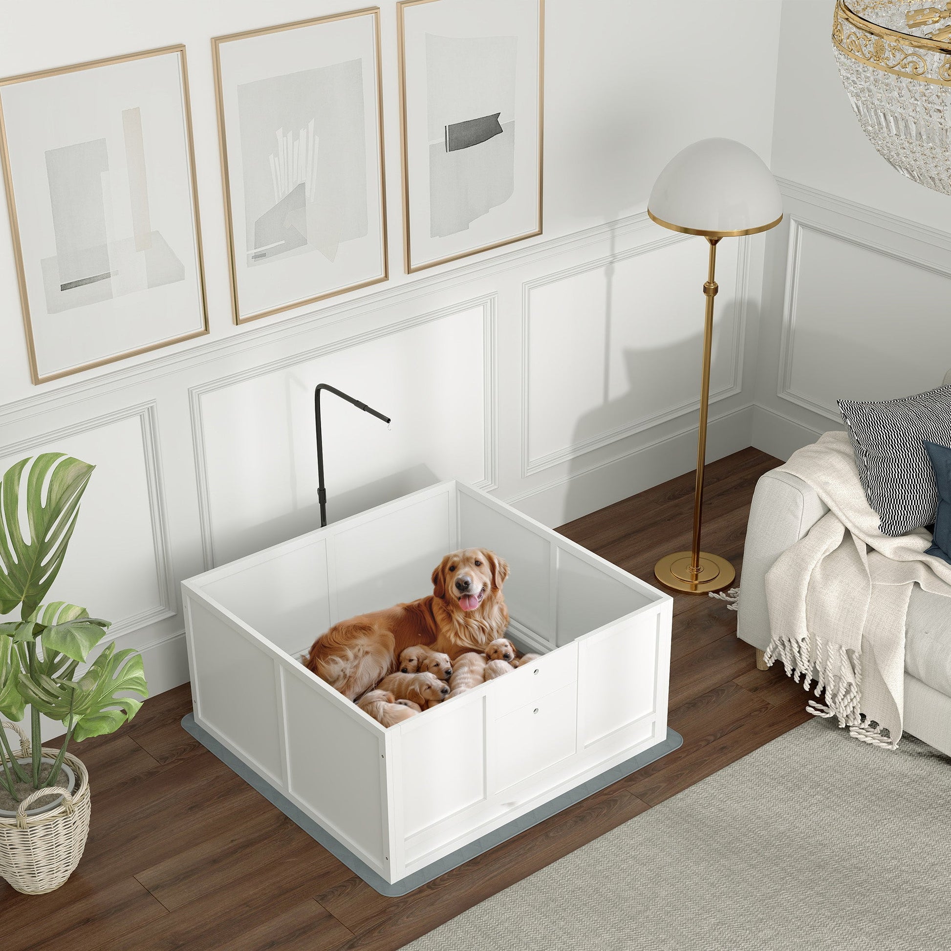 KFX-0694589 Whelping Box for Puppies with Adjustable Door, Pig Rail & Cleaning Pad - Fits Small to Large Breeds, 41" x 39"