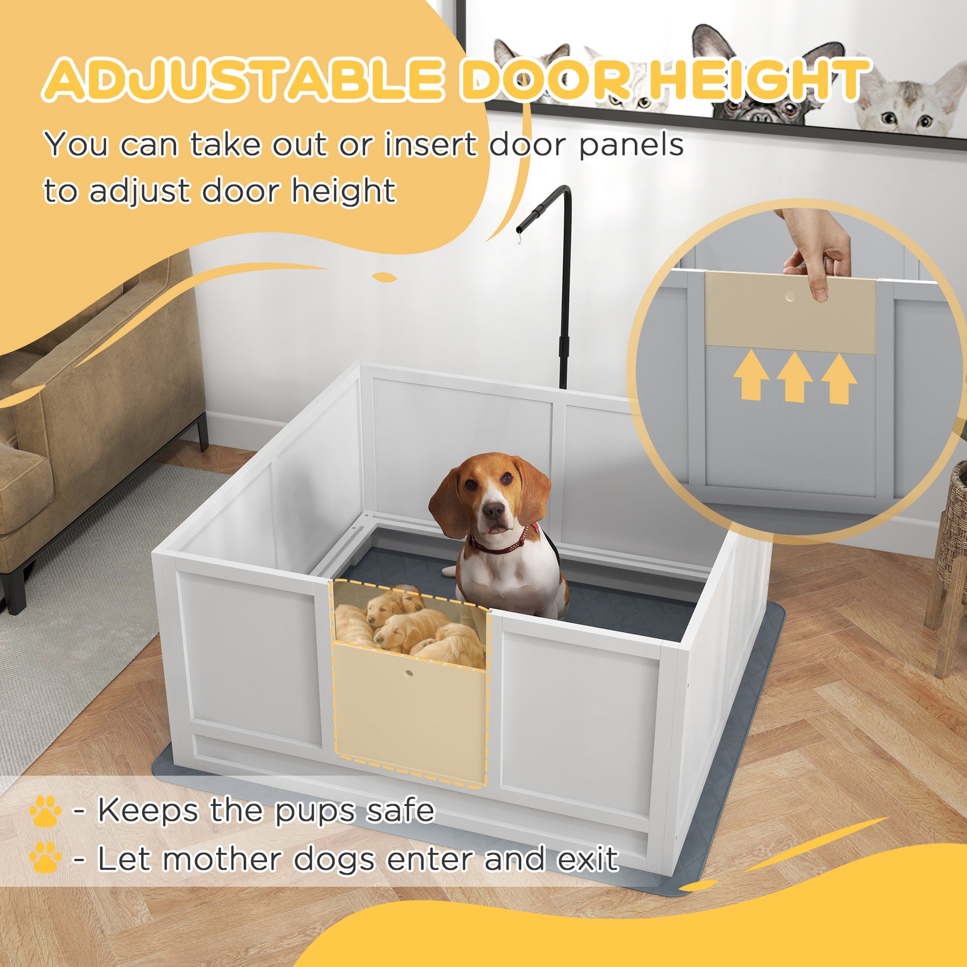KFX-0694589 Whelping Box for Puppies with Adjustable Door, Pig Rail & Cleaning Pad - Fits Small to Large Breeds, 41" x 39"