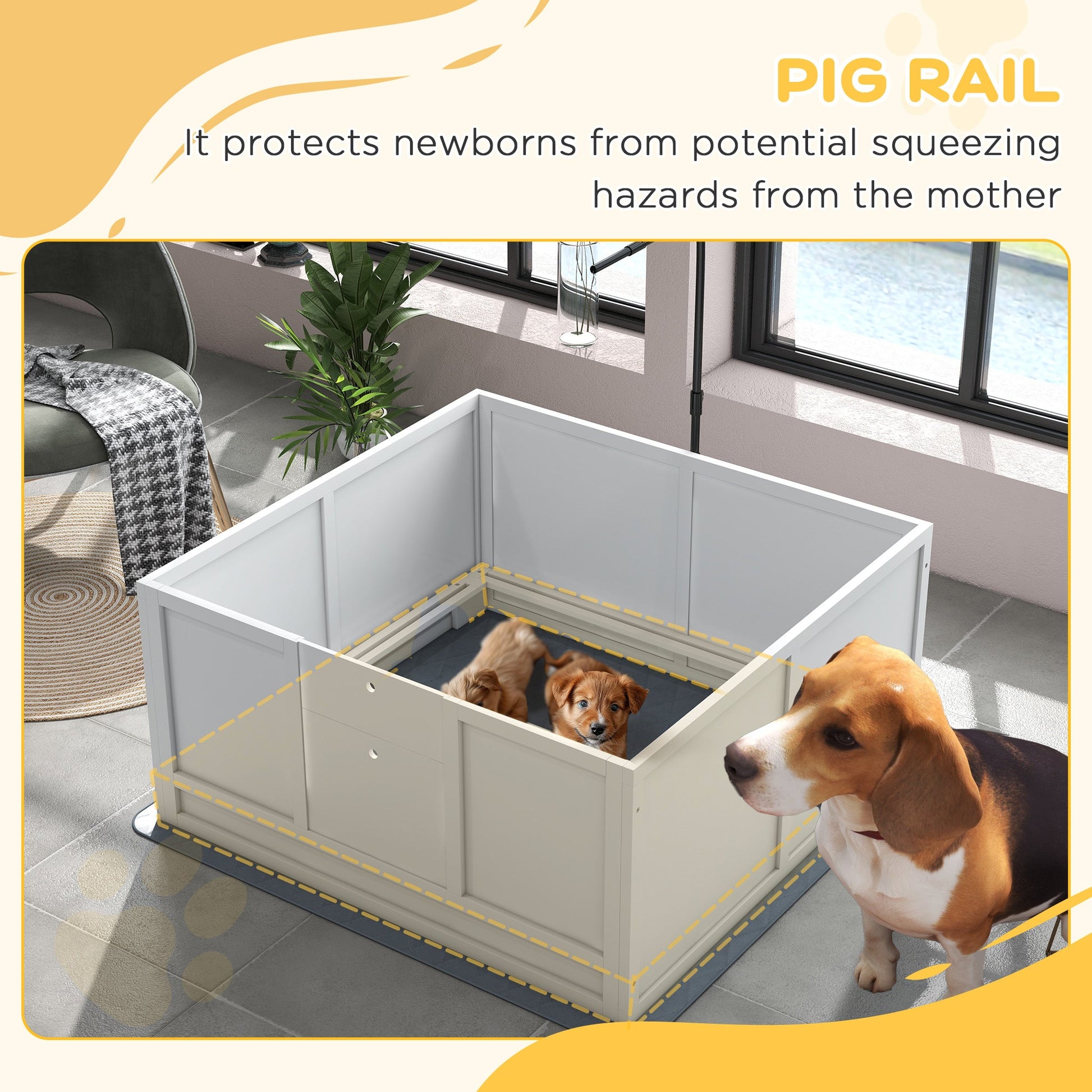 KFX-0694589 Whelping Box for Puppies with Adjustable Door, Pig Rail & Cleaning Pad - Fits Small to Large Breeds, 41" x 39"