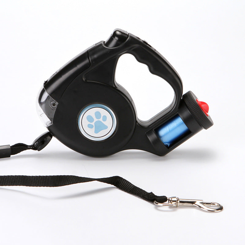 KFX-0698685 Retractable Dog Leash with Flashlight and Waste Bag Storage, Scalable Design, Blue/Black/Red