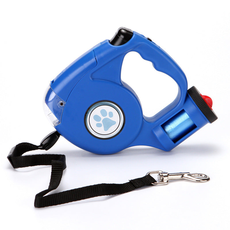KFX-0698685 Retractable Dog Leash with Flashlight and Waste Bag Storage, Scalable Design, Blue/Black/Red
