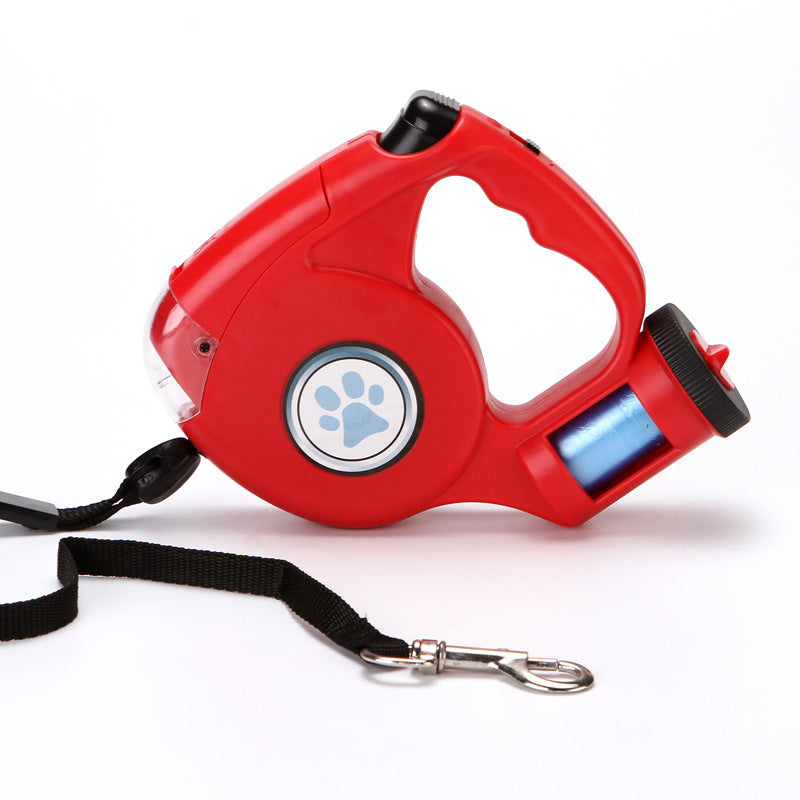 KFX-0698685 Retractable Dog Leash with Flashlight and Waste Bag Storage, Scalable Design, Blue/Black/Red