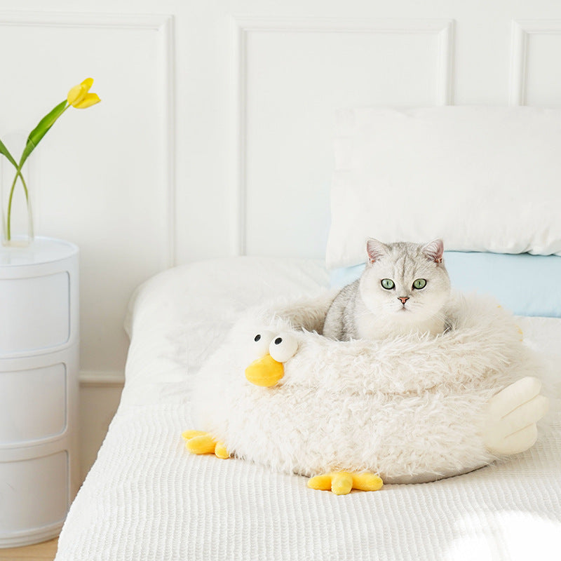 KFX-0708669 Universal Cat Bed for All Seasons - Soft Lion Velvet and Crystal Velvet, 49x49x21cm Pet Kennel in White