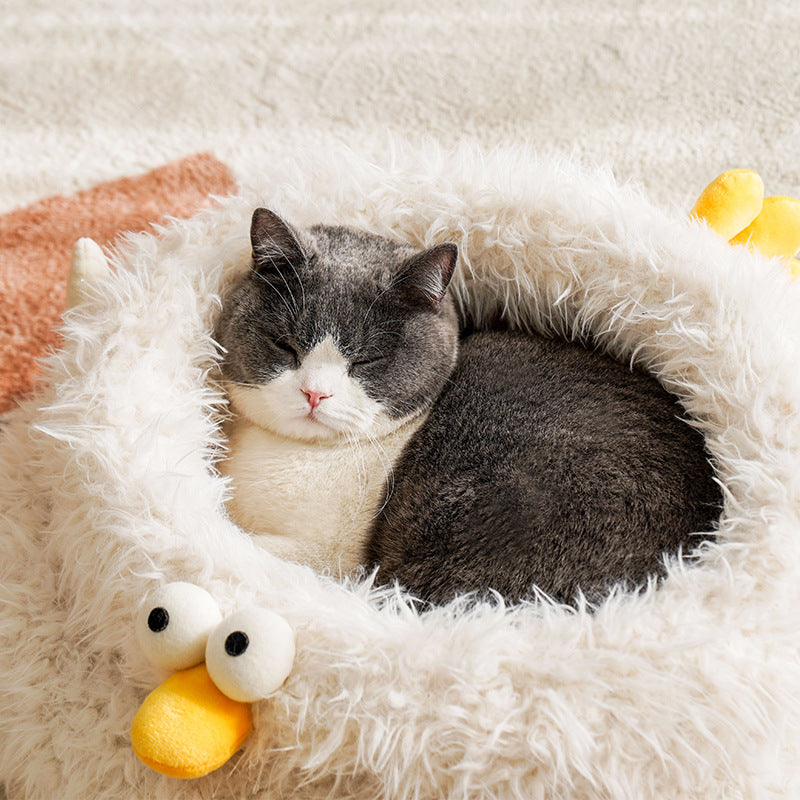 KFX-0708669 Universal Cat Bed for All Seasons - Soft Lion Velvet and Crystal Velvet, 49x49x21cm Pet Kennel in White