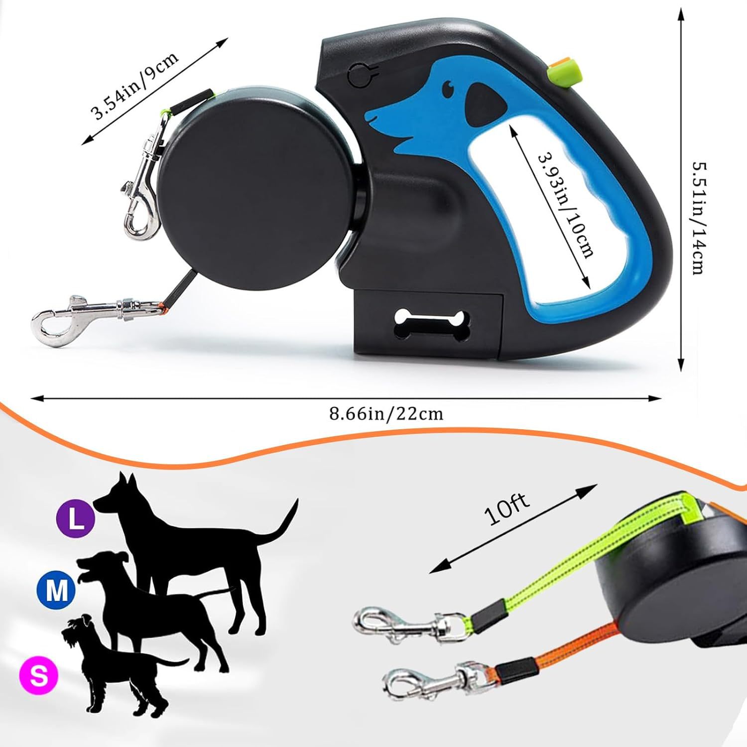 KFX-0710205 Double-Ended Automatic Retractable Leash for Two Pets, Durable ABS Design in Multiple Colors