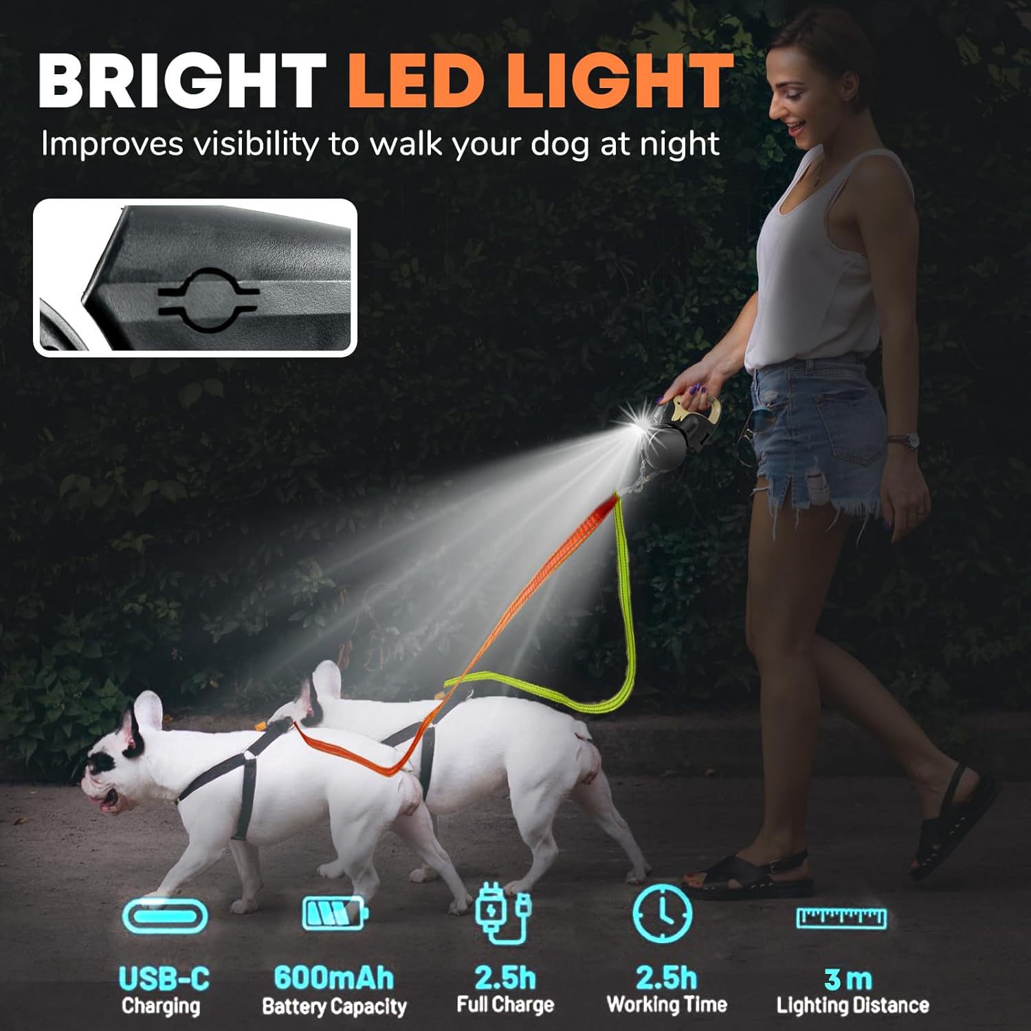 KFX-0710205 Double-Ended Automatic Retractable Leash for Two Pets, Durable ABS Design in Multiple Colors
