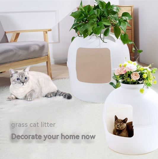 KFX-0710461 Four Seasons Closed Cat Nest - Plastic Pet Bed in White and Brown, 50x50x52cm