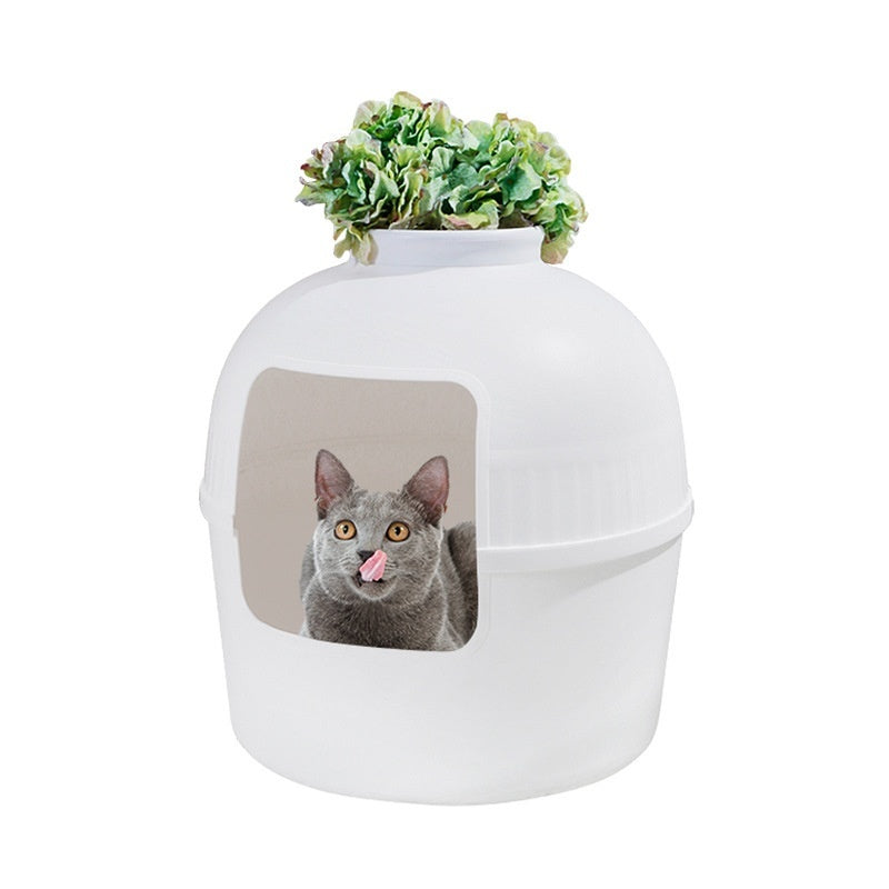 KFX-0710461 Four Seasons Closed Cat Nest - Plastic Pet Bed in White and Brown, 50x50x52cm