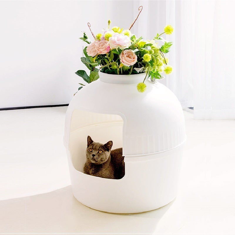 KFX-0710461 Four Seasons Closed Cat Nest - Plastic Pet Bed in White and Brown, 50x50x52cm