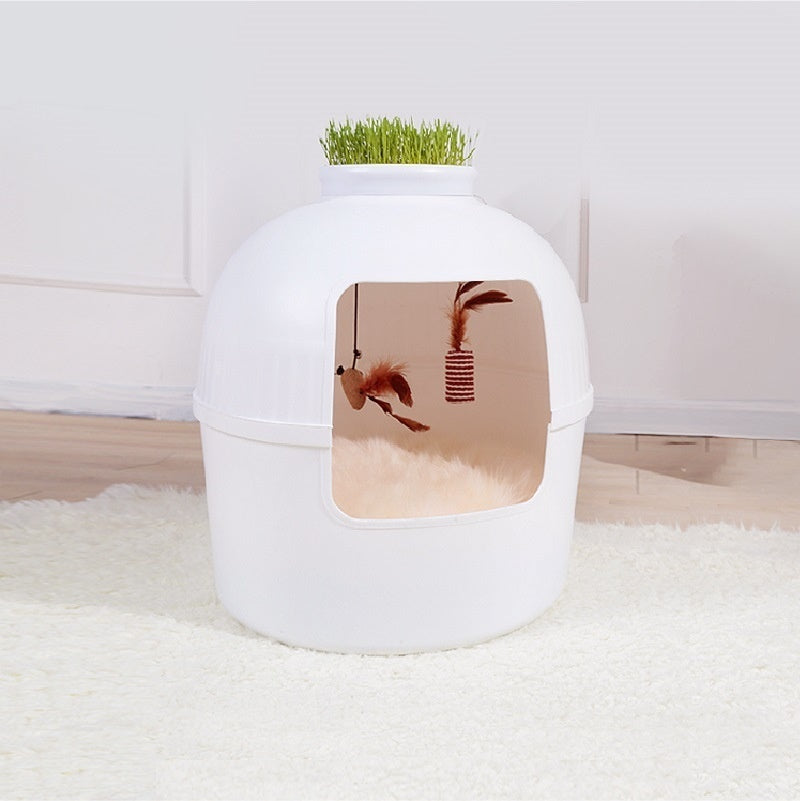 KFX-0710461 Four Seasons Closed Cat Nest - Plastic Pet Bed in White and Brown, 50x50x52cm