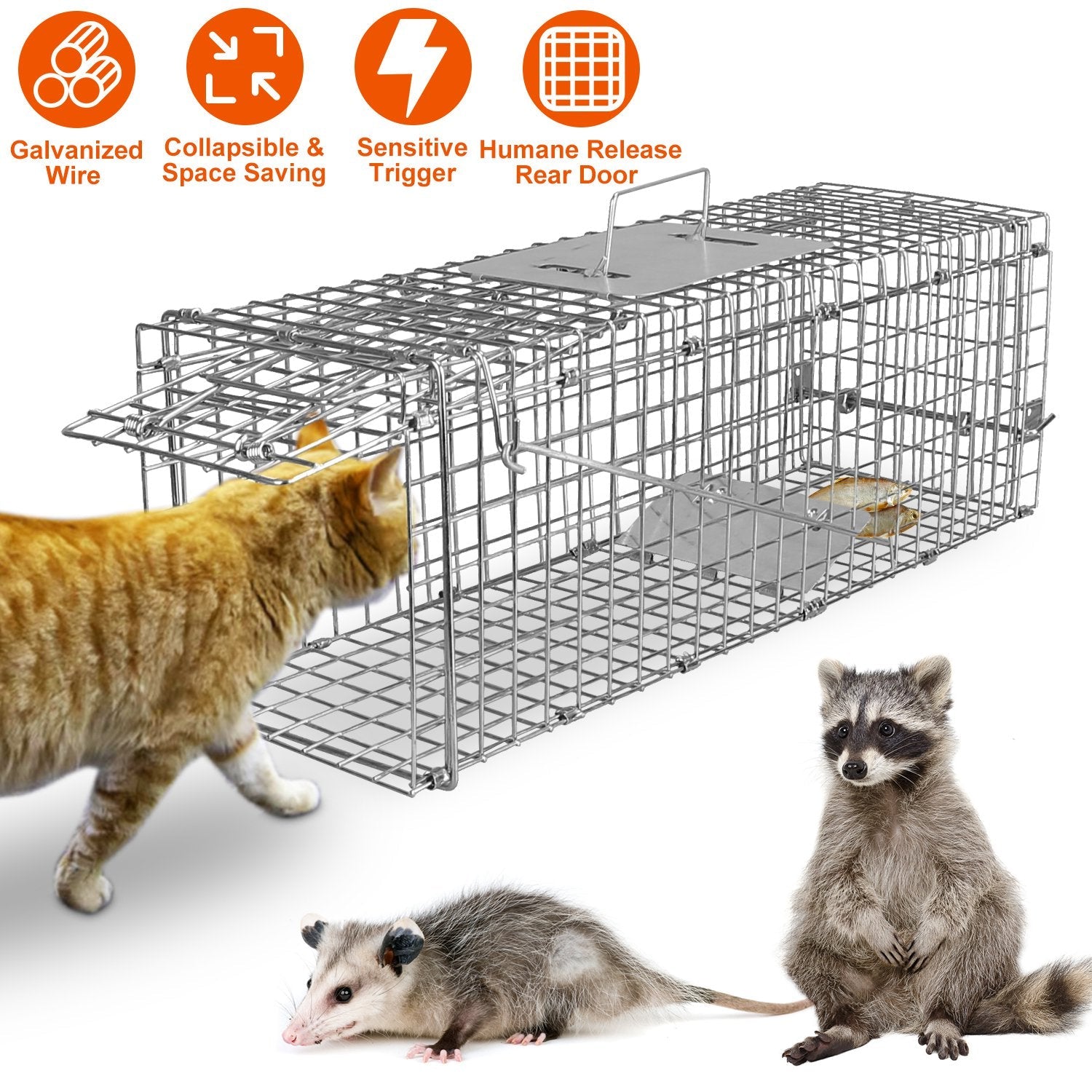 KFX-0714045 Foldable Galvanized Wire Live Animal Trap Cage for Cats and Small Animals Under 4.4 lbs