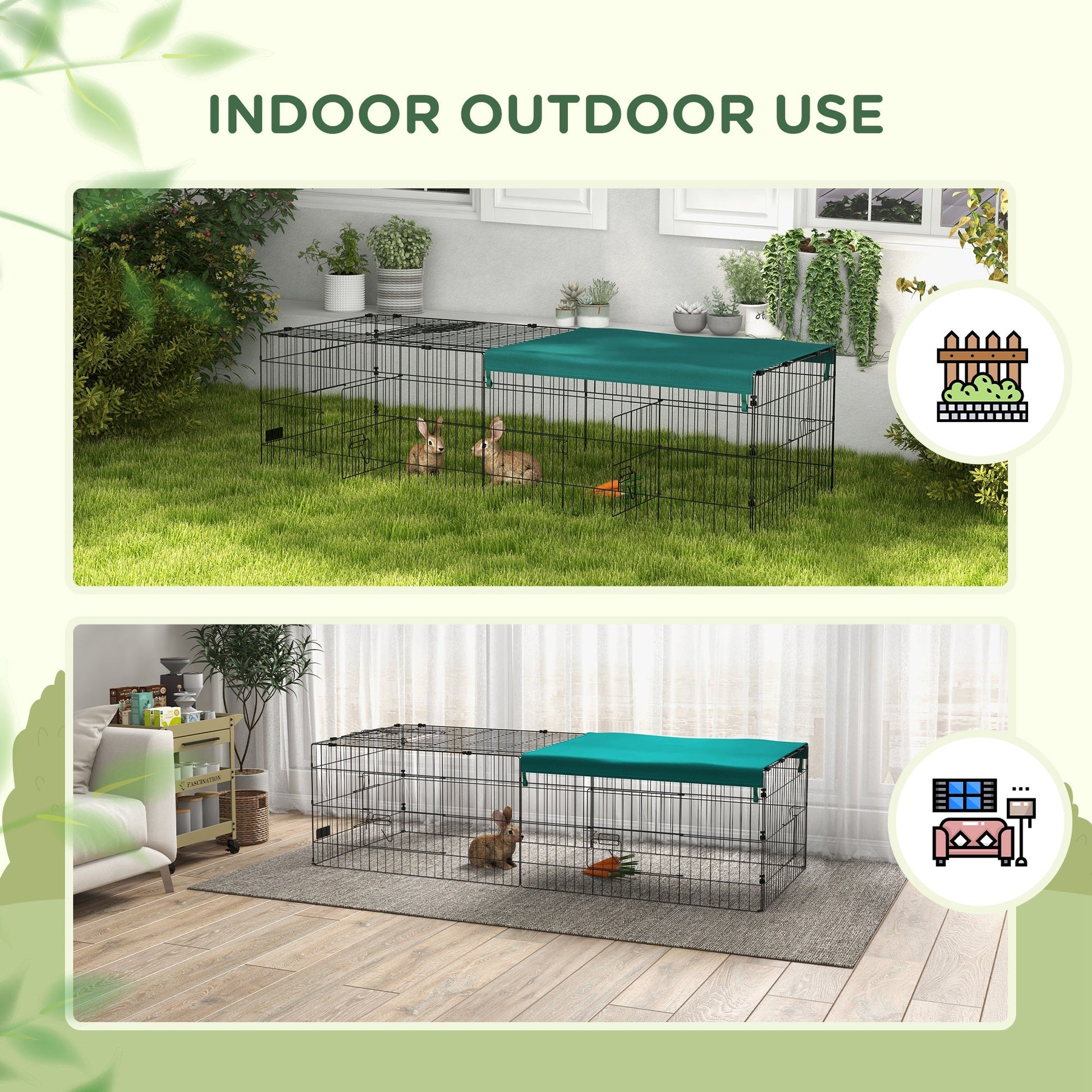 KFX-0719805 Green Metal Small Animal Playpen with Shade Roof for Indoor and Outdoor Use, Suitable for Rabbits, Chickens, and Chinchillas