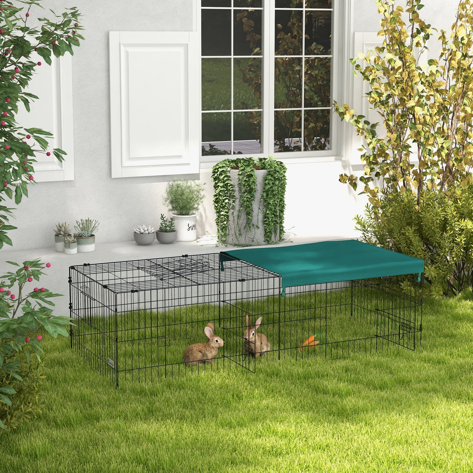 KFX-0719805 Green Metal Small Animal Playpen with Shade Roof for Indoor and Outdoor Use, Suitable for Rabbits, Chickens, and Chinchillas