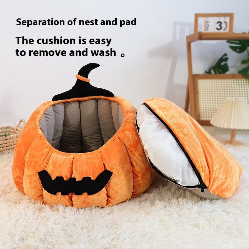 KFX-0720189 Cozy Pumpkin-Themed Pet Bed for Cats - Orange and Black Options