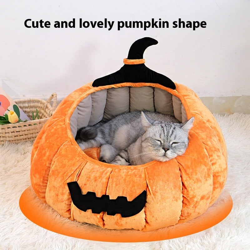 KFX-0720189 Cozy Pumpkin-Themed Pet Bed for Cats - Orange and Black Options