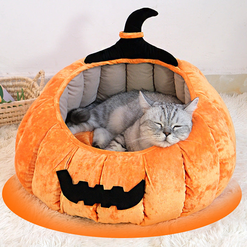 KFX-0720189 Cozy Pumpkin-Themed Pet Bed for Cats - Orange and Black Options