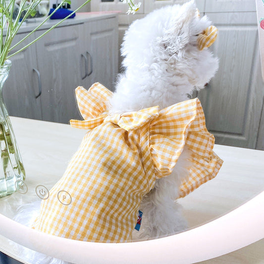 KFX-0720317 Casual Red and Yellow Checkered Pet Shirt with Bowknot