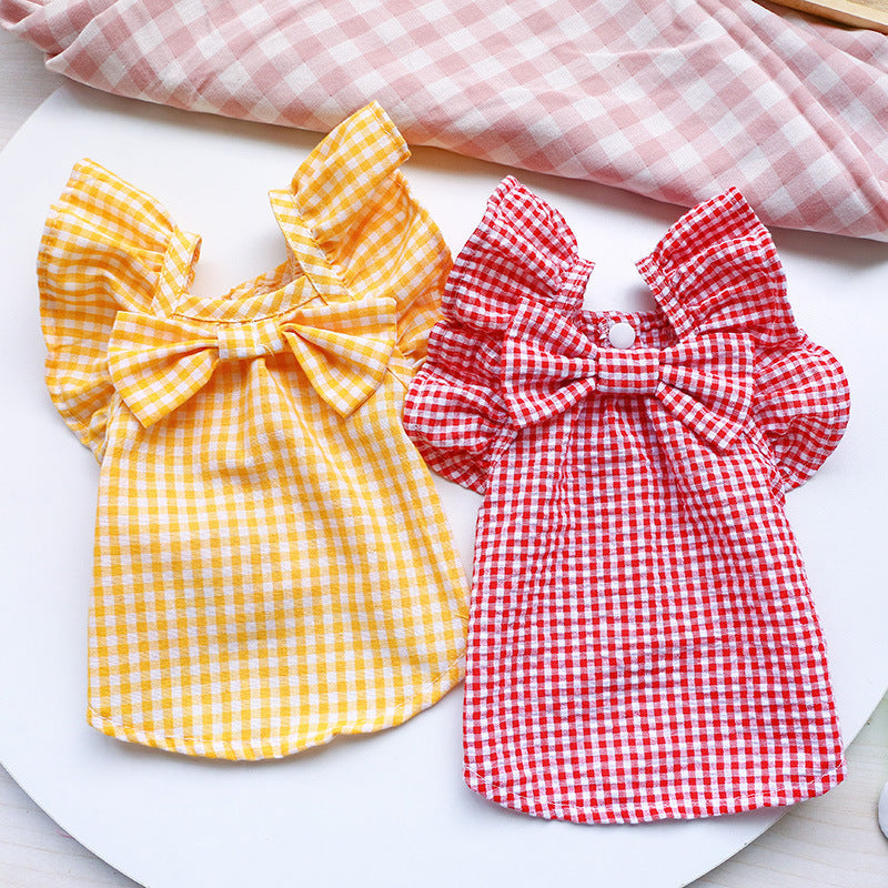 KFX-0720317 Casual Red and Yellow Checkered Pet Shirt with Bowknot